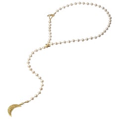 18 Karat Gold, Cultured Pearl and Diamond Crescent Moon and Stars Necklace