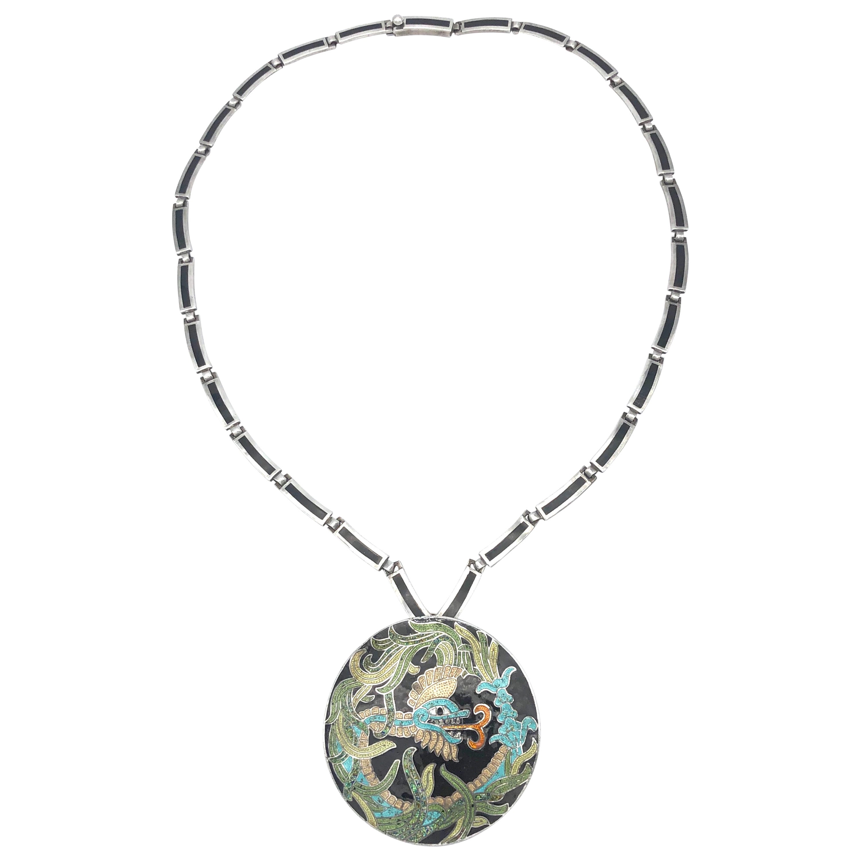 Margot De Taxco Mid-Century Modern Mexiko Emaille Sterlingsilber Halskette im Angebot