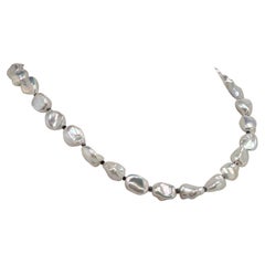 Iridescent Silver Baroque Pearl Necklace with Diamond Accents, 17 Inch