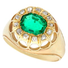 Antique 1.22 Carat Colombian Emerald Diamond Yellow Gold Cocktail Ring