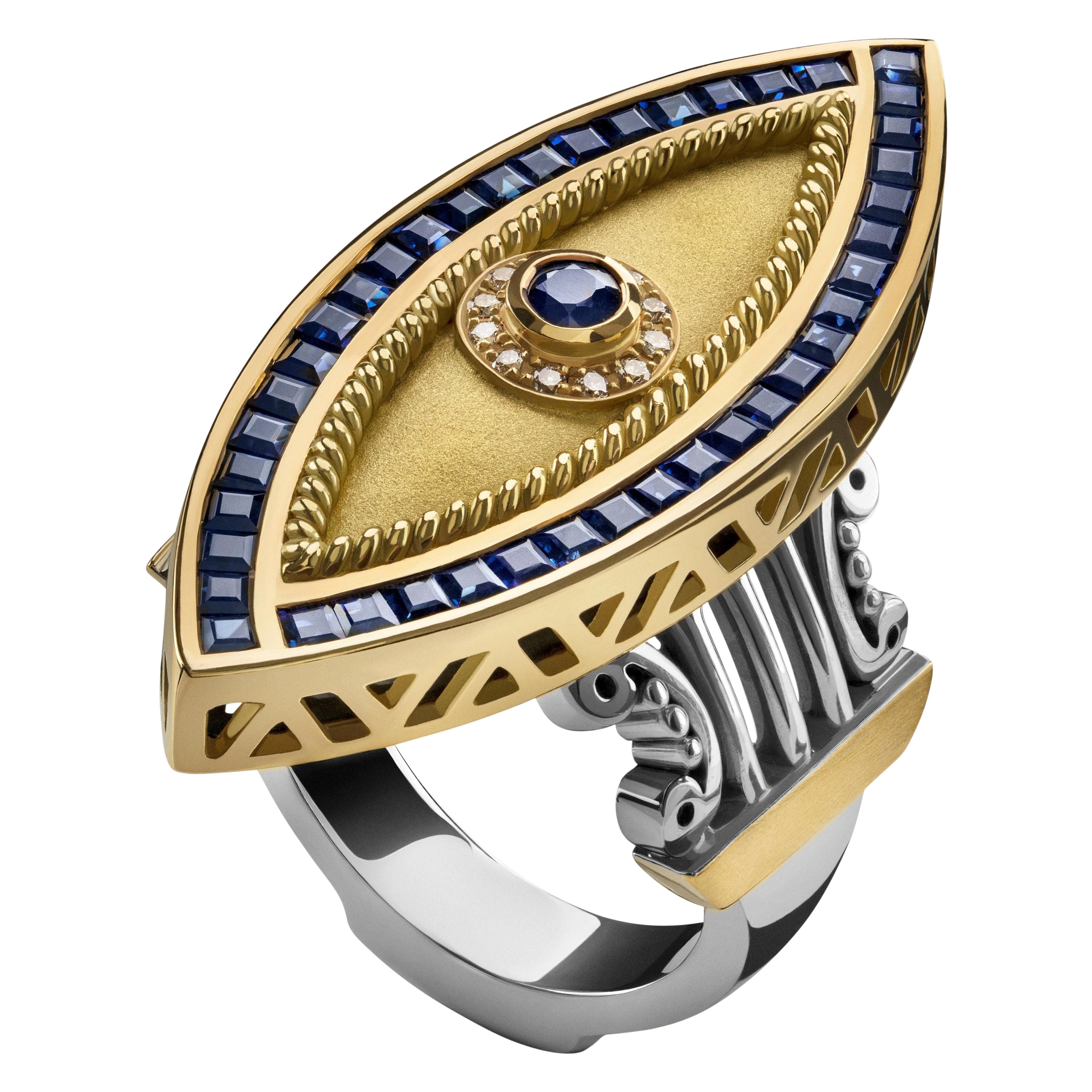 18 Karat Gold, Sterling Silver, 2.50 Carat Sapphire and Diamond Ottoman Eye Ring For Sale
