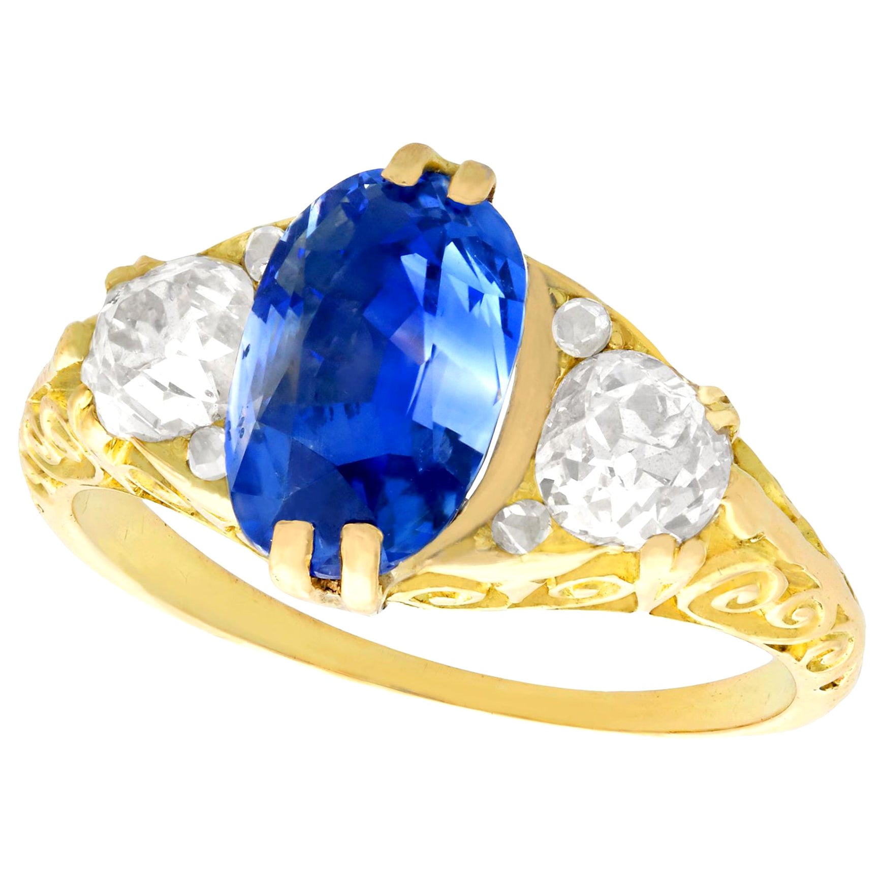 Antique Victorian 1890s 3.11 Carat Sapphire Diamond Yellow Gold Trilogy Ring For Sale