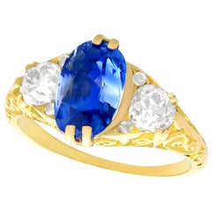 Antique Victorian 1890s 3.11 Carat Sapphire Diamond Yellow Gold Trilogy Ring