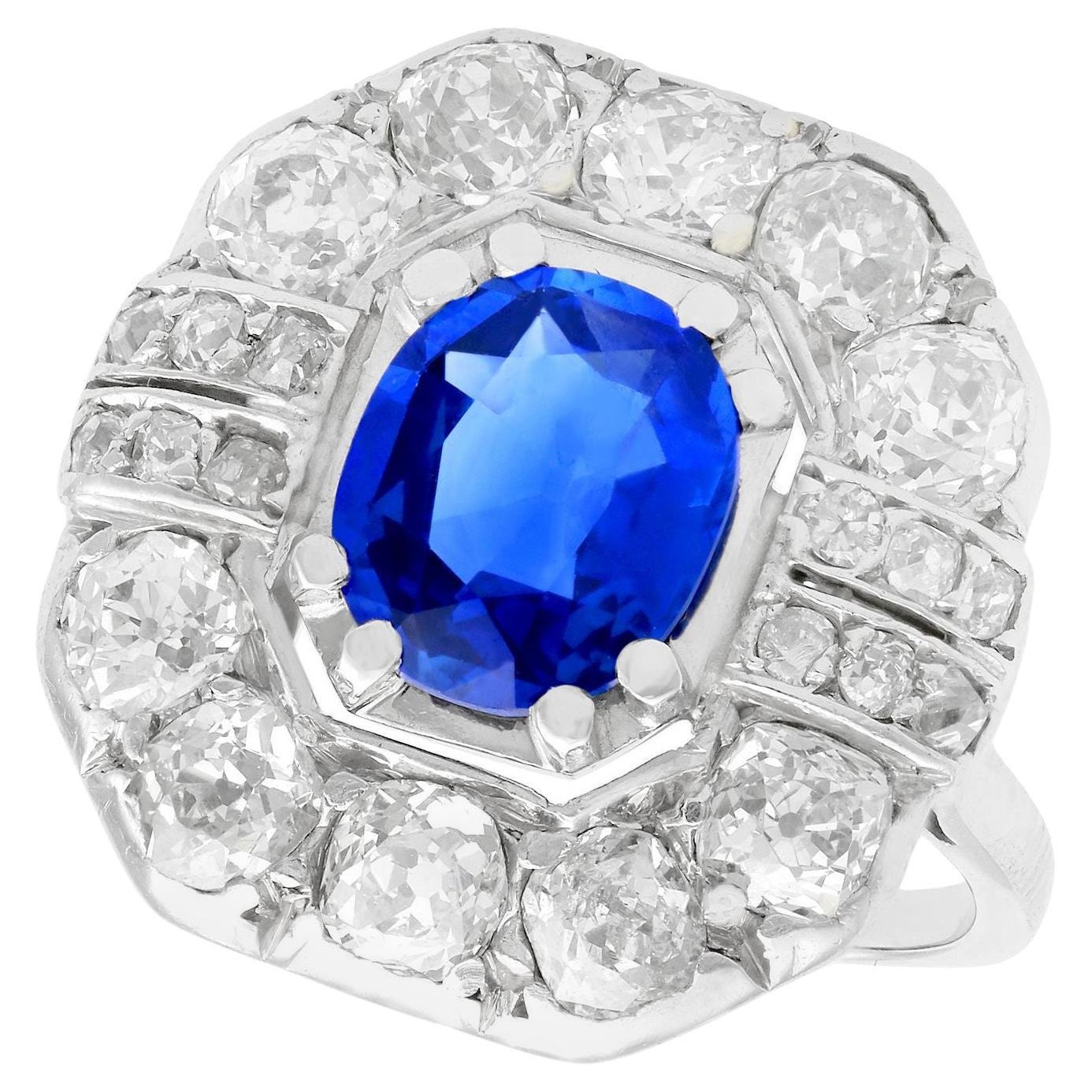 Antique French 2.20 Carat Sapphire and 2.16 Carat Diamond Gold Cluster Ring