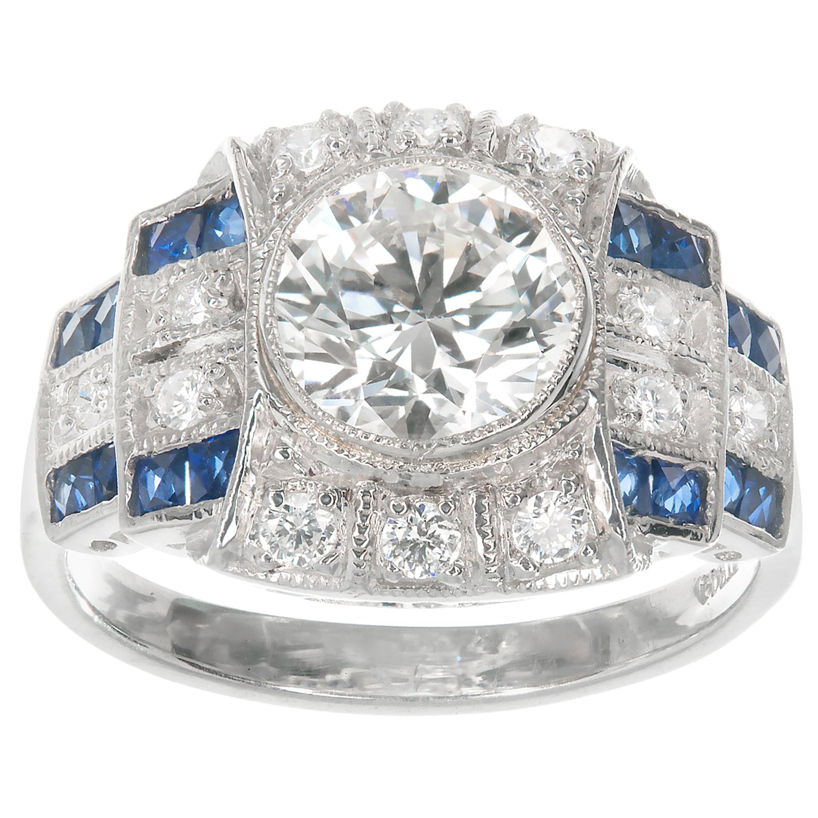 GIA Certified 2.12 Carat Diamond Sapphire Platinum Art Deco Engagement Ring