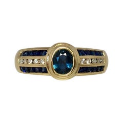 18k Blue Sapphire & Diamond Designer Ring 1 Carat Yellow Gold Rubover Bezel Set