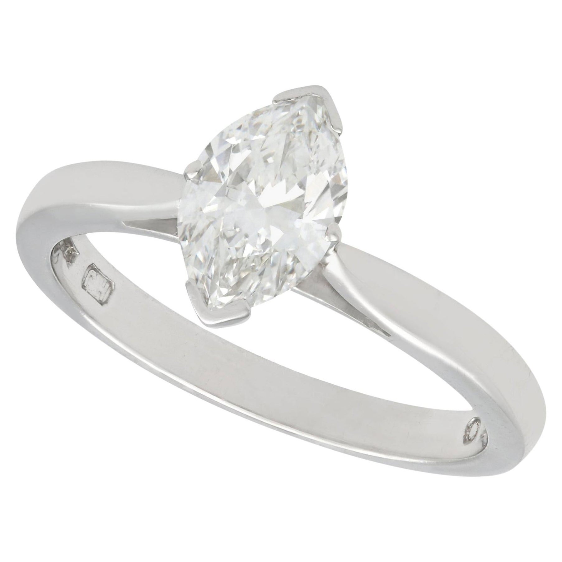 Marquise Diamond and Platinum Solitaire Engagement Ring For Sale