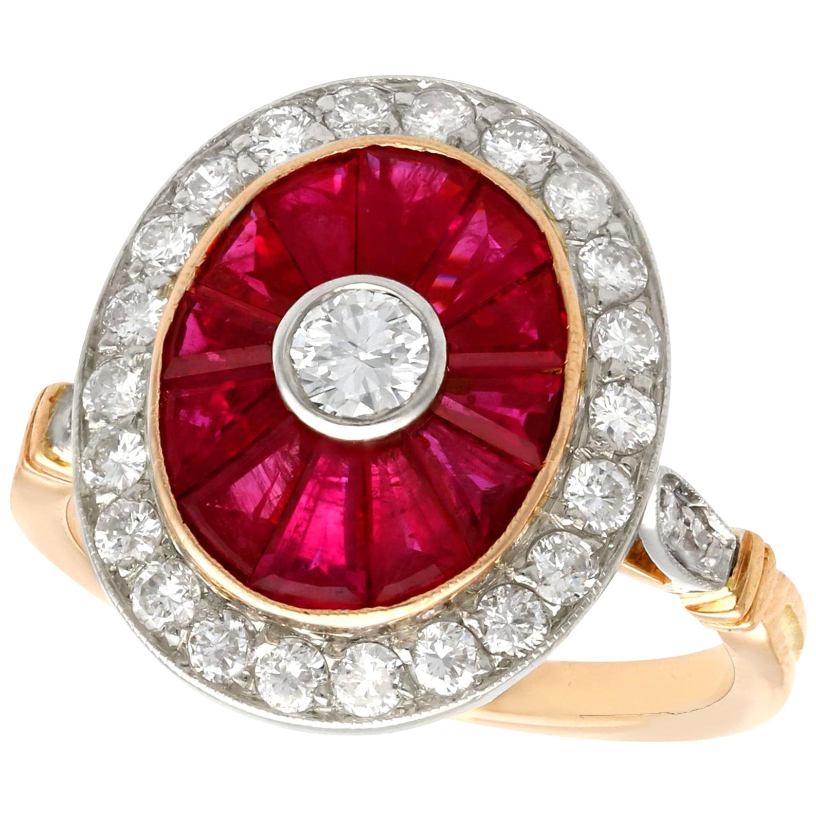 Vintage French 1.30 Carat Ruby and Diamond Yellow Gold Cocktail Ring For Sale