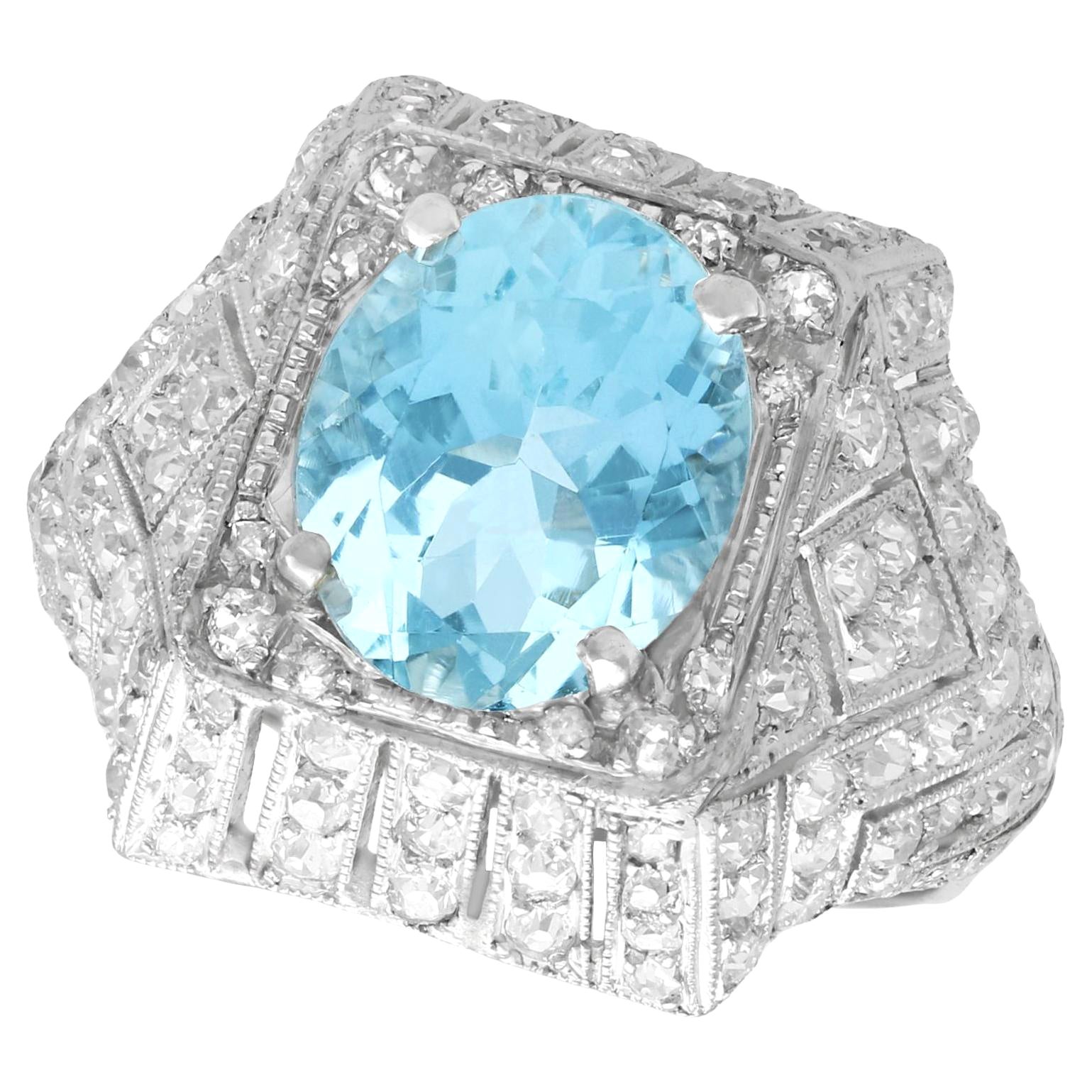 1930s Oval Cut Aquamarine and Diamond Platinum Cocktail Ring