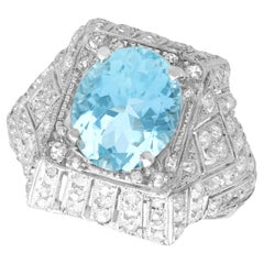 Antique 1930s Oval Cut Aquamarine and Diamond Platinum Cocktail Ring