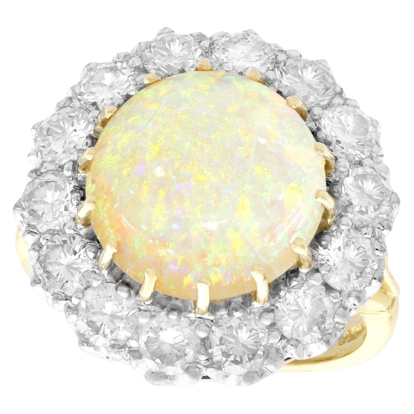 3.55ct Cabochon Cut Opal and 2.68ct Diamond Yellow Gold Cluster Ring For Sale