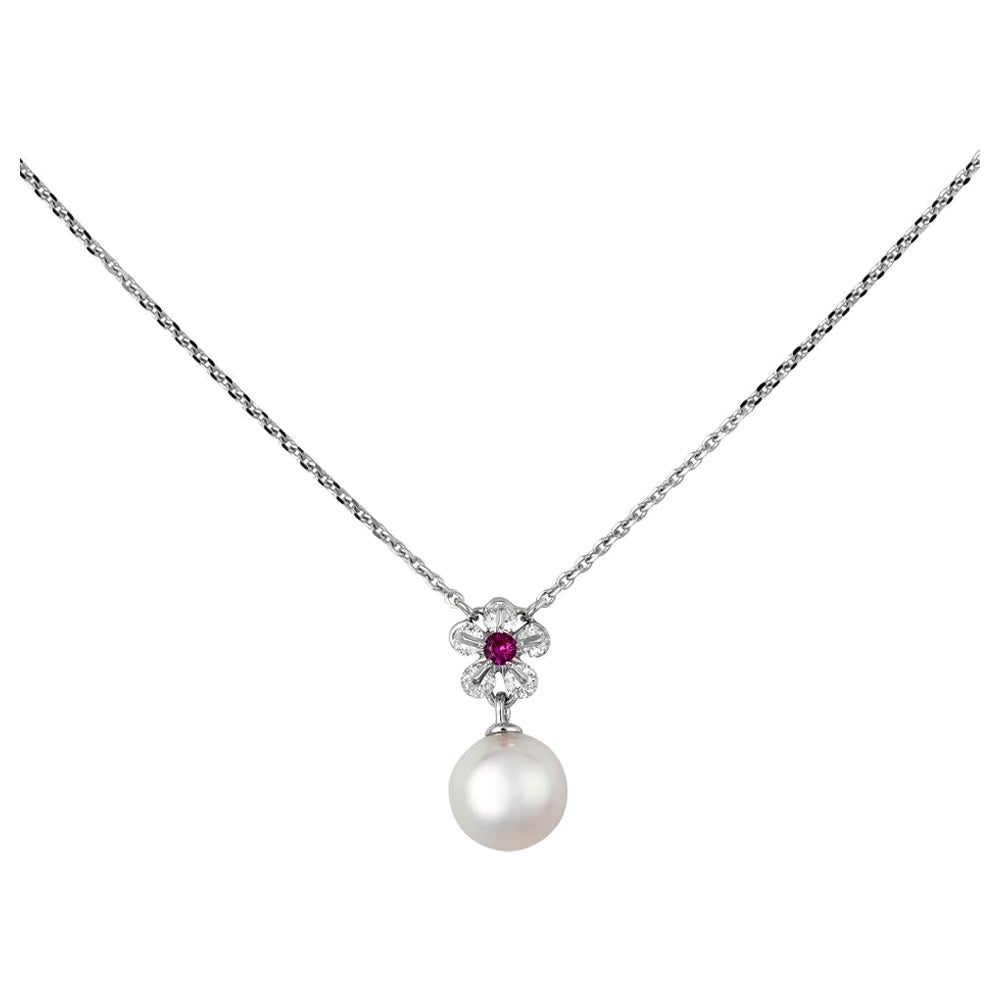 MOISEIKIN 18K White Gold Diamond Akoya Pearl Flower Necklace, Promotion For Sale