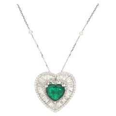Handcraft Brazilian Emerald Heart 18 Karat White Gold Diamonds Pendant Necklace