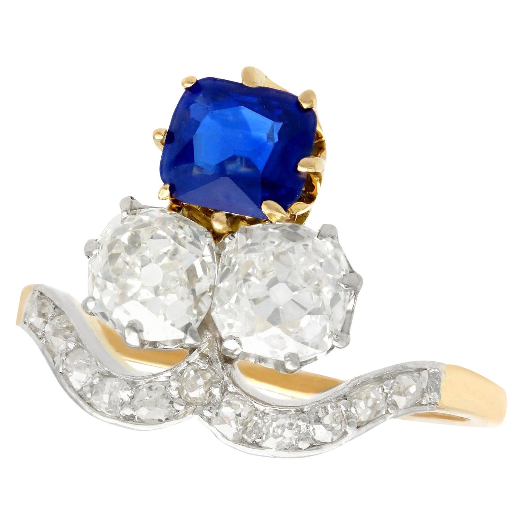Antique 1.35 Carat Sapphire 2.06 Carat Diamond Yellow Gold Cocktail Ring For Sale