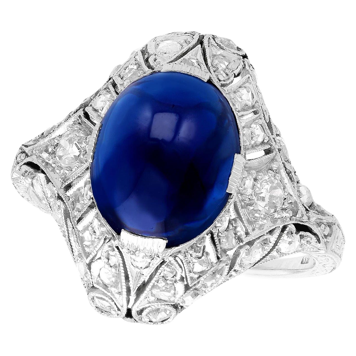 1930s Art Deco 5.21ct Cabochon Cut Sapphire and Diamond Platinum Engagement Ring For Sale