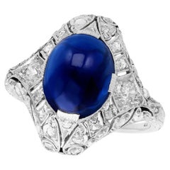 Anello di fidanzamento Art Deco anni '30 da 5,21 carati con taglio cabochon, zaffiro e diamante in platino