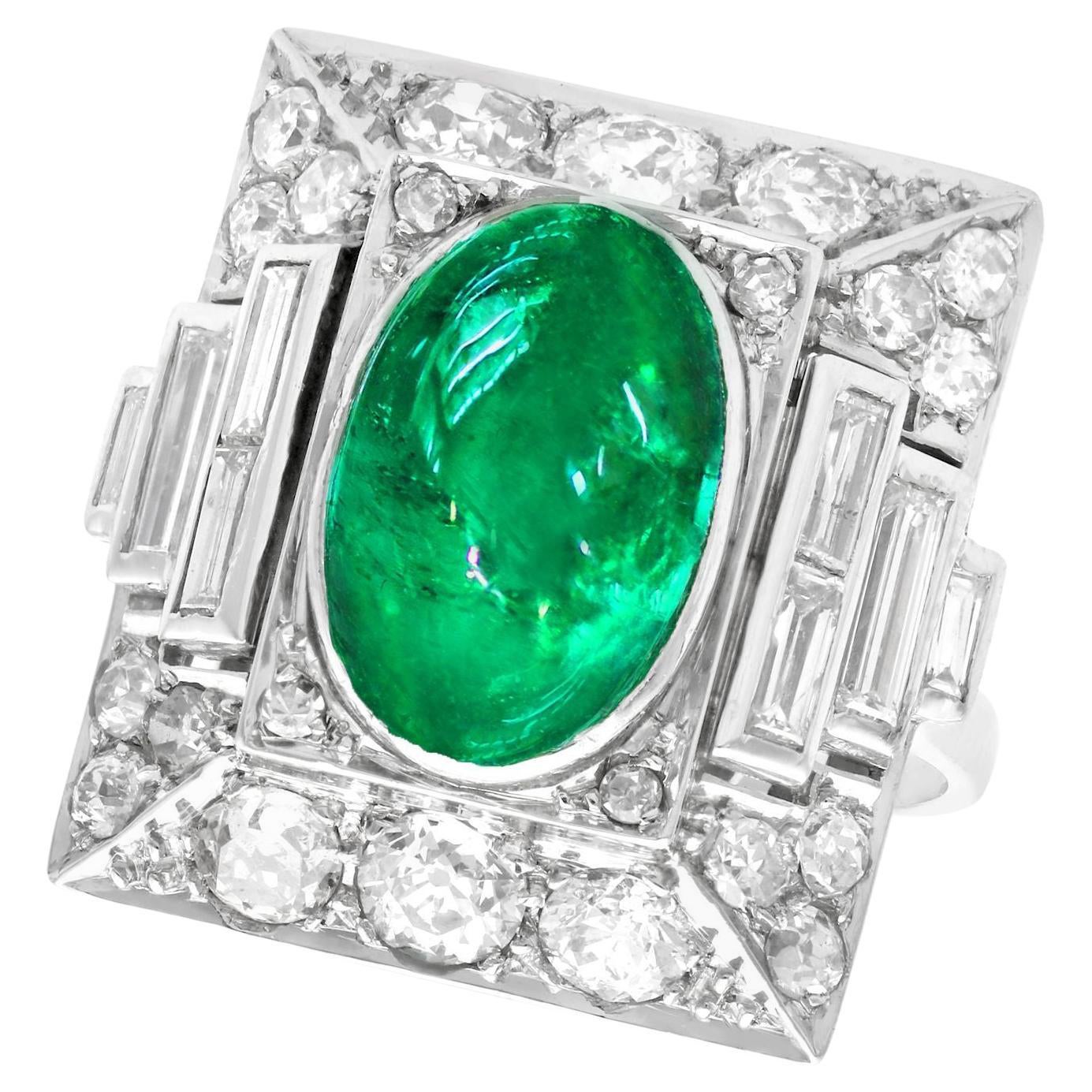 1935 Antique 3.40ct Cabochon Cut Emerald and 2.72ct Diamond Cocktail Ring For Sale
