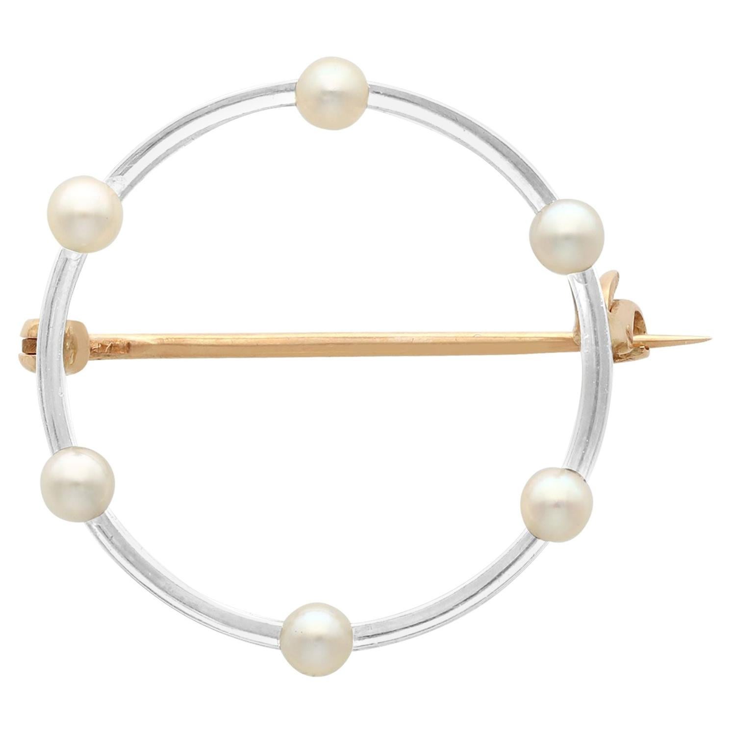 Pearl and 9 Karat Yellow Gold, Platinum Set Brooch, Antique, circa 1920 For Sale