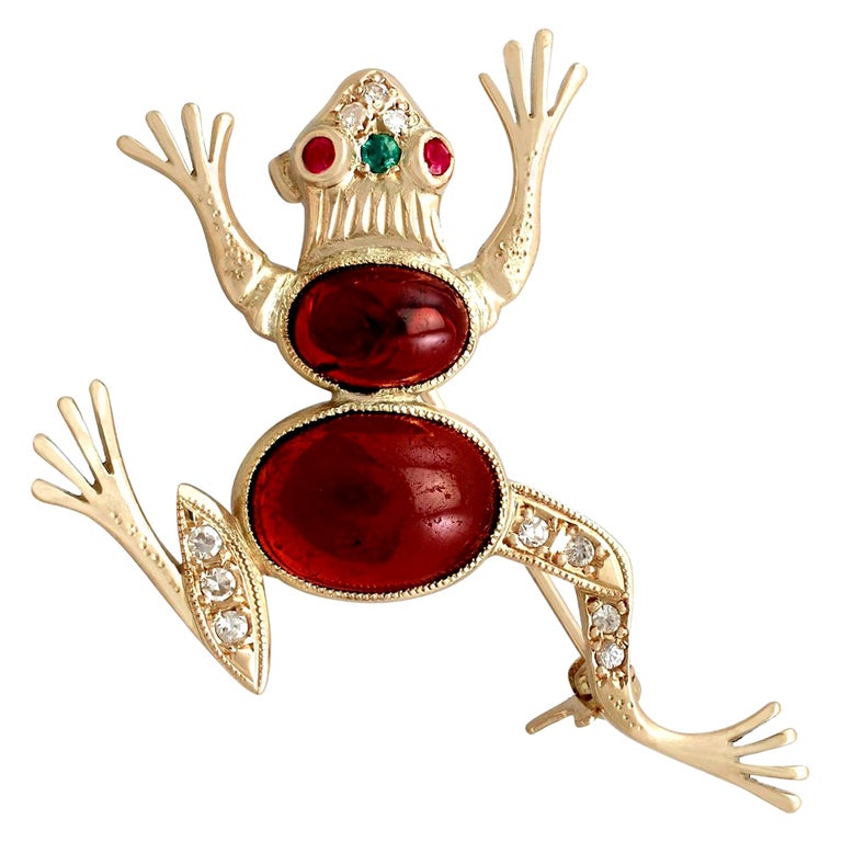 1950s Yellow Gold Cabochon Cut Frog Brooch with Emerald Ruby Garnet and Diamond For Sale