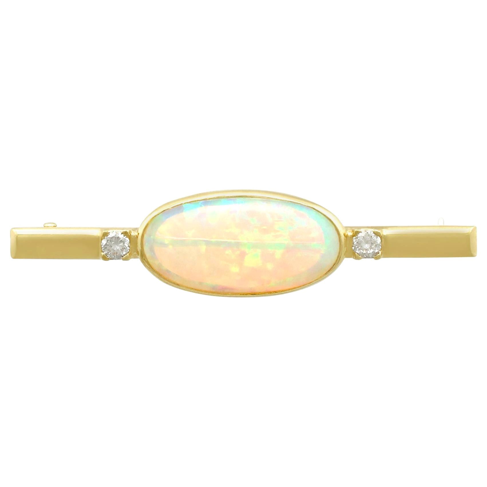 5.89 Carat Cabochon Cut Opal and Diamond Yellow Gold Bar Brooch For Sale