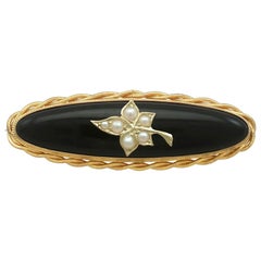 Antique Victorian Black Onyx and Seed Pearl Yellow Gold Mourning Brooch