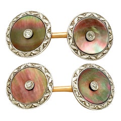 Antique 1920s Mother of Pearl Diamond Yellow Gold Cufflinks