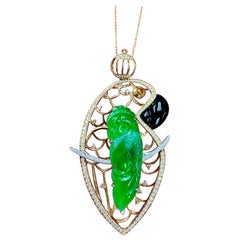 Certified Type A Jadeite Jade and Diamond Parrot Pendant, Vivid Green Color