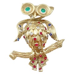 1960s Vintage Ruby Sapphire Emerald and Diamond Yellow Gold Owl Brooch