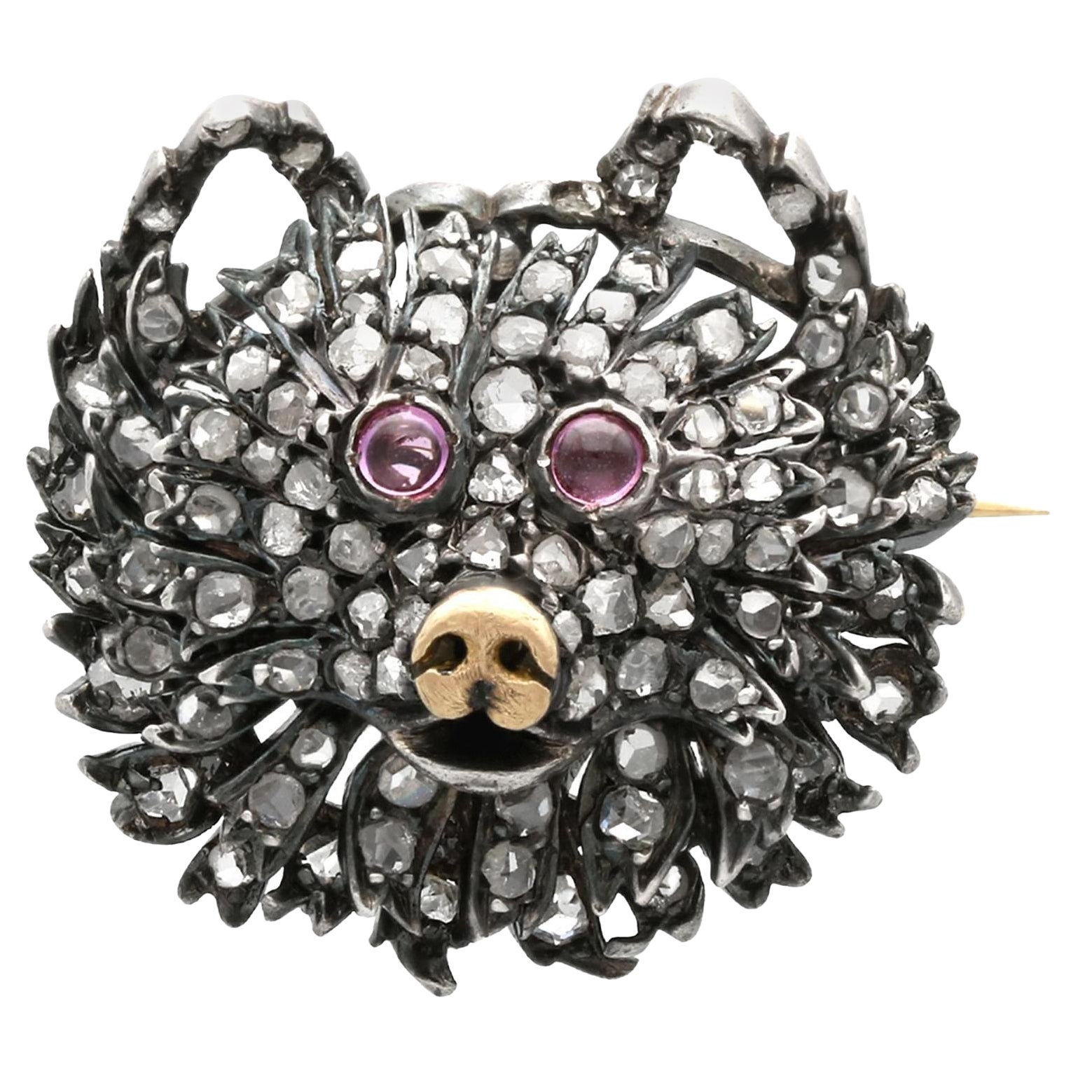 Victorian 1.16 Carat Diamond and Ruby and Gold Bear Brooch For Sale