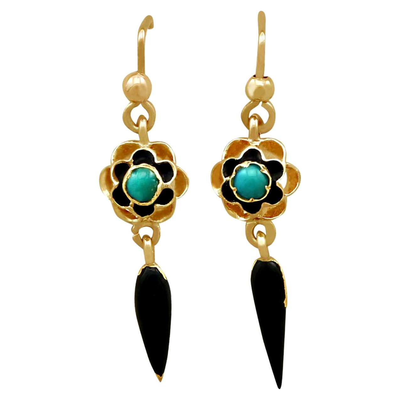 Victorian 1890s Turquoise and Enamel Yellow Gold Earrings