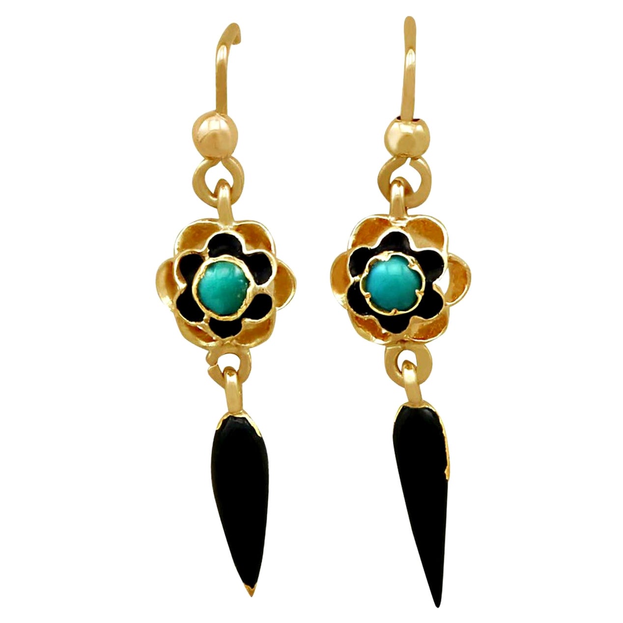 Victorian 1890s Turquoise and Enamel Yellow Gold Earrings
