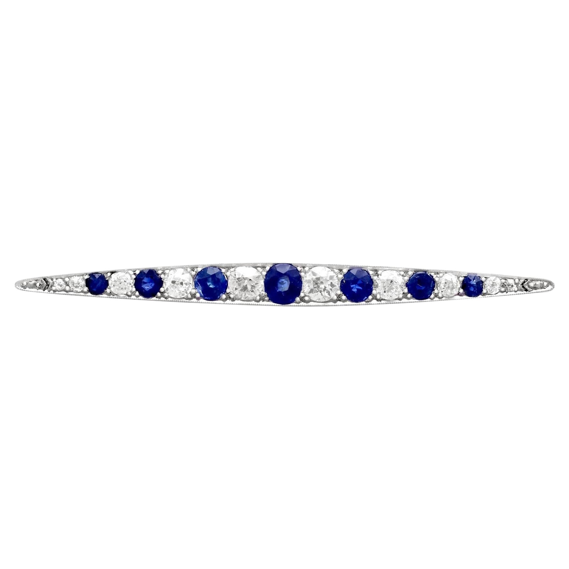 Antique 2.55 Carat Sapphire and 2.28 Carat Diamond White Gold Bar Brooch For Sale