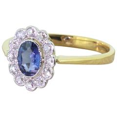 Art Deco 1.00 Carat Sapphire Old Cut Diamond Gold Platinum Cluster Ring