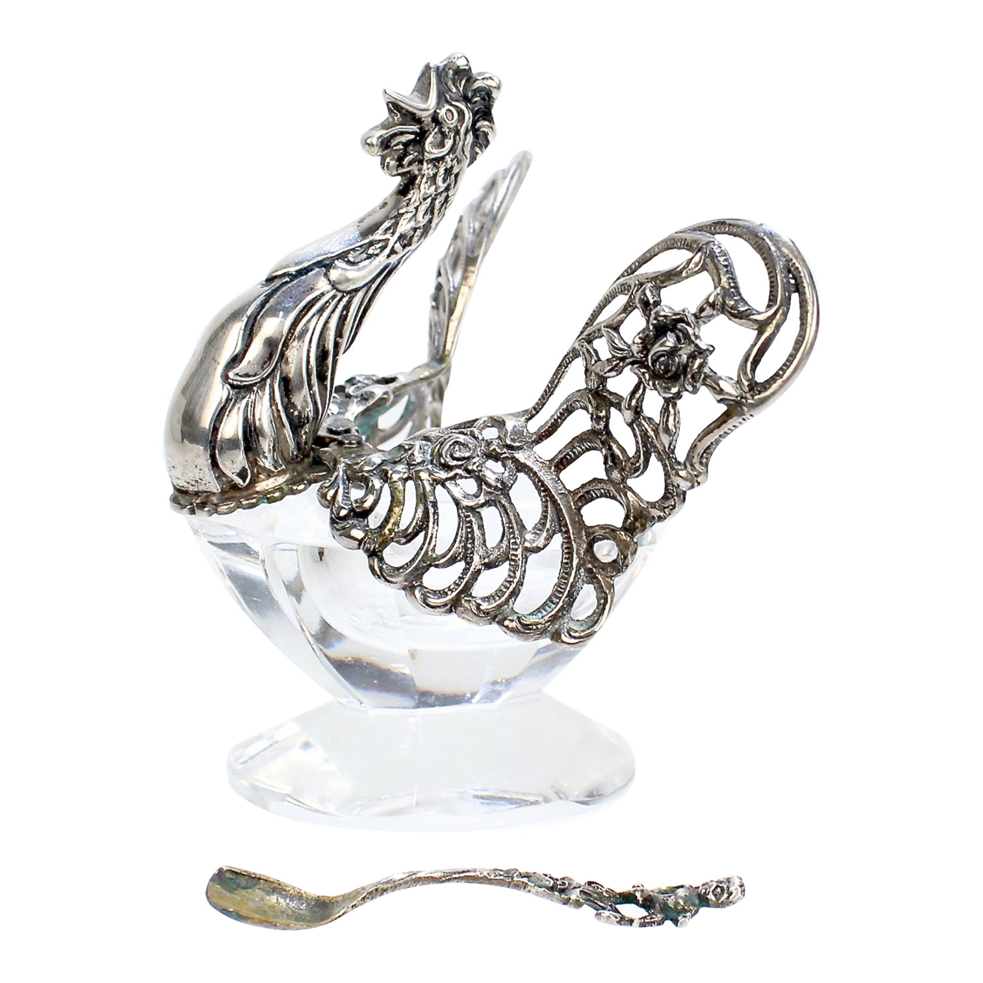 Signed Antique 835 Silver & Crystal Figural Rooster Salt Cellar by August Betz