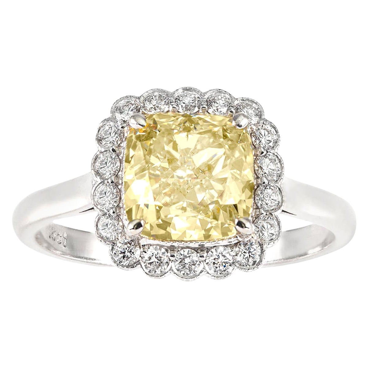 Fancy Intense Yellow Cushion Cut Diamond in Diamond Scalloped Cluster Ring 18ct For Sale