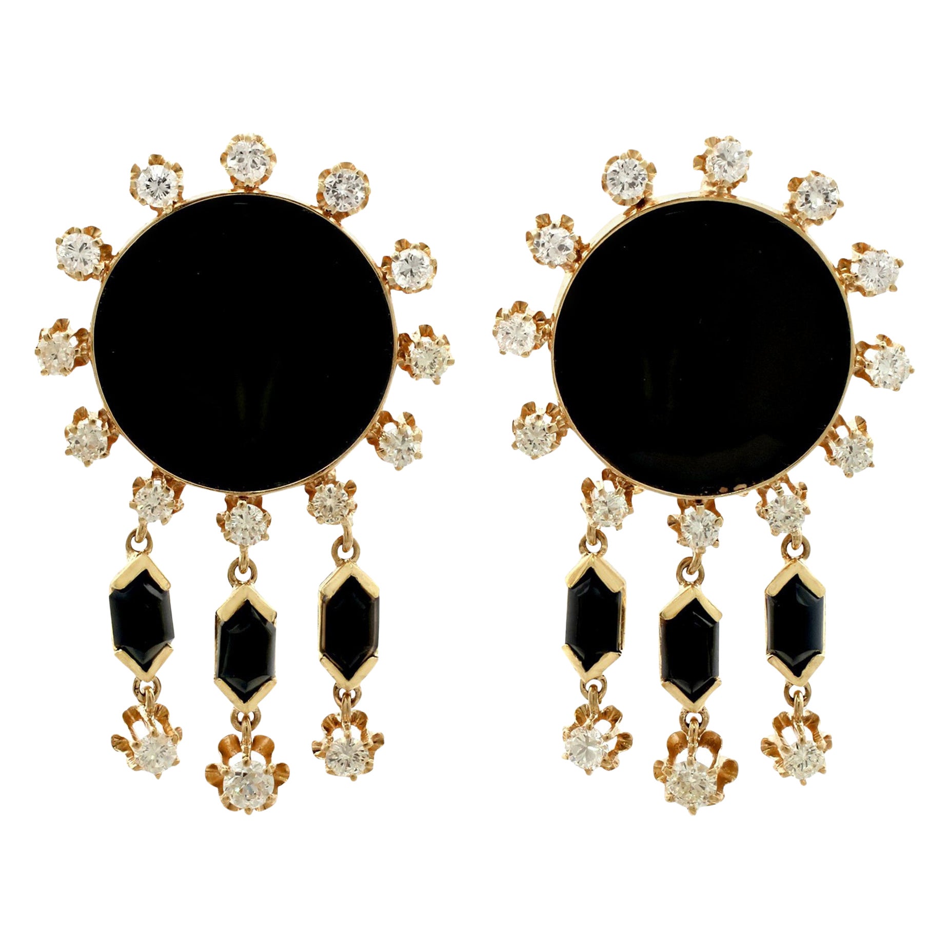 1.40 Carat Diamond and Onyx Yellow Gold Drop Earrings