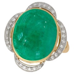 Vintage 1940s 14.5ct Cabochon Cut Emerald and Diamond Yellow Gold Cocktail Ring