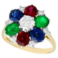 Retro Garnet Sapphire Emerald and Diamond Cluster Ring