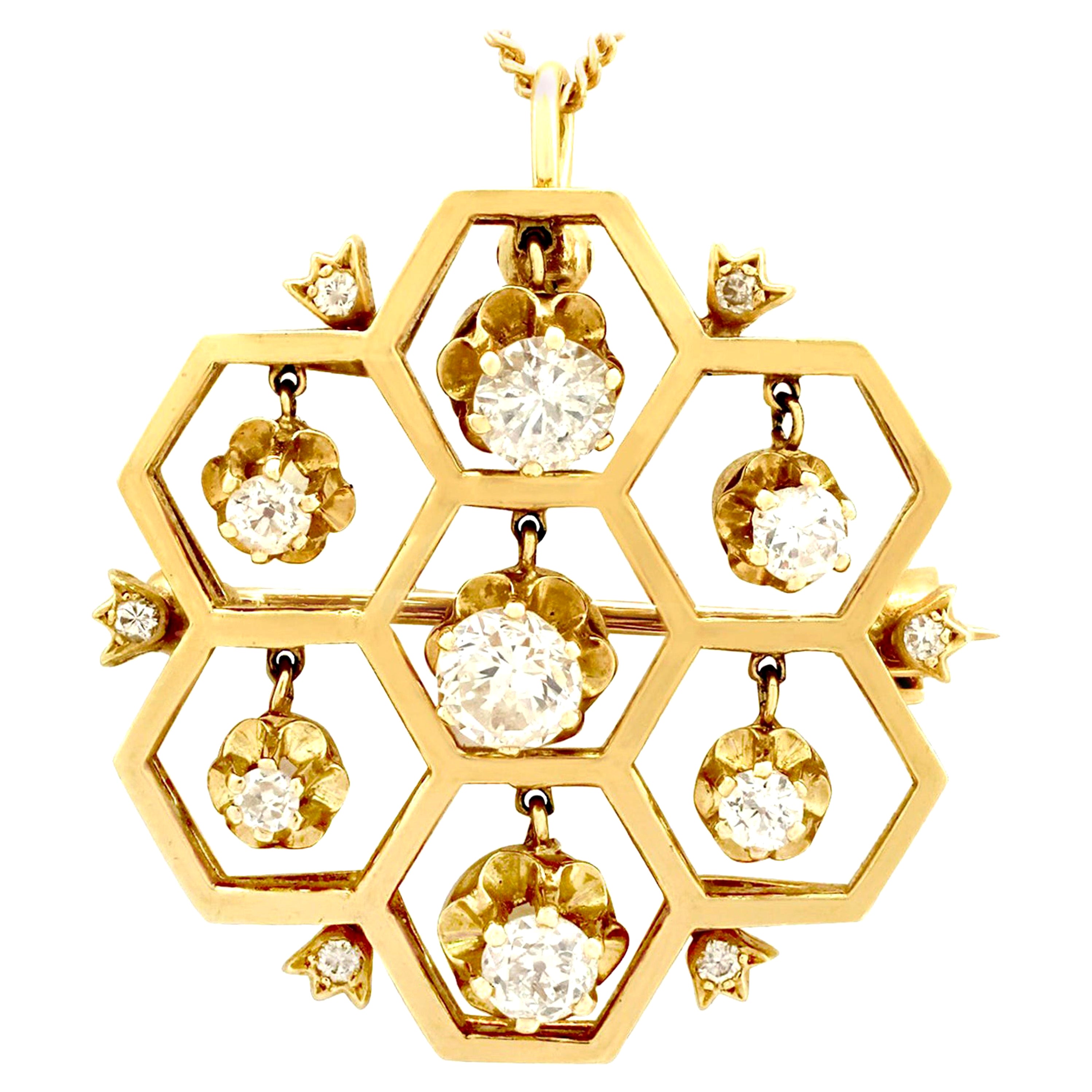 1.29 Carat Diamond and Yellow Gold Honeycomb Pendant / Brooch For Sale