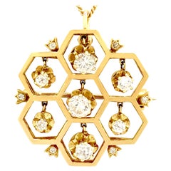 1.29 Carat Diamond and Yellow Gold Honeycomb Pendant / Brooch