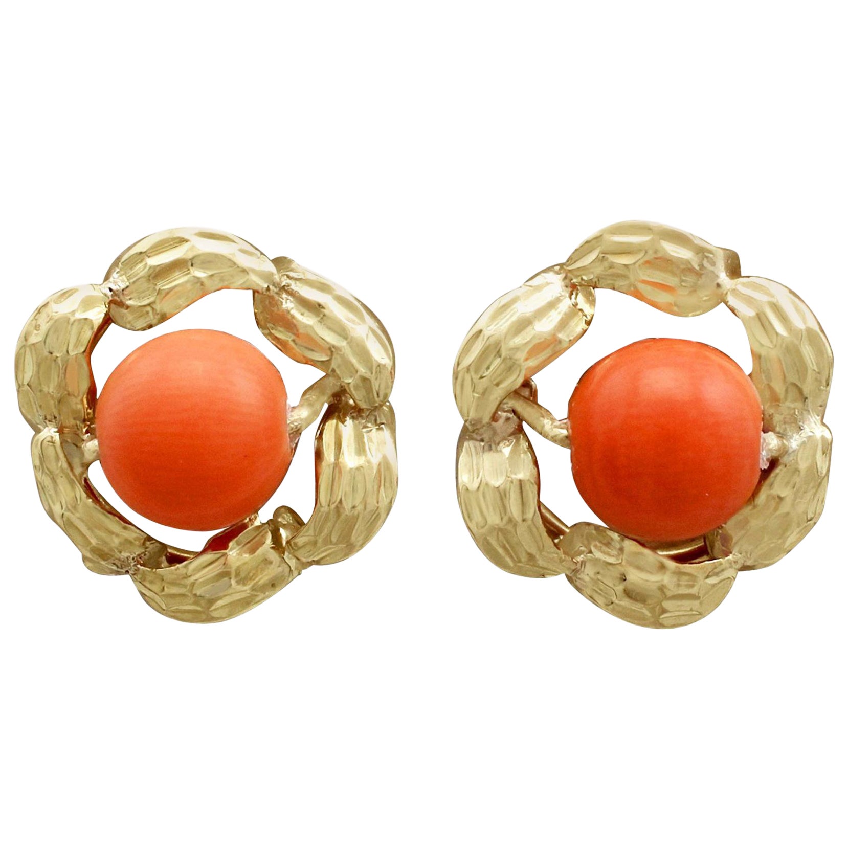 Vintage Red Coral and Yellow Gold Stud Earrings For Sale