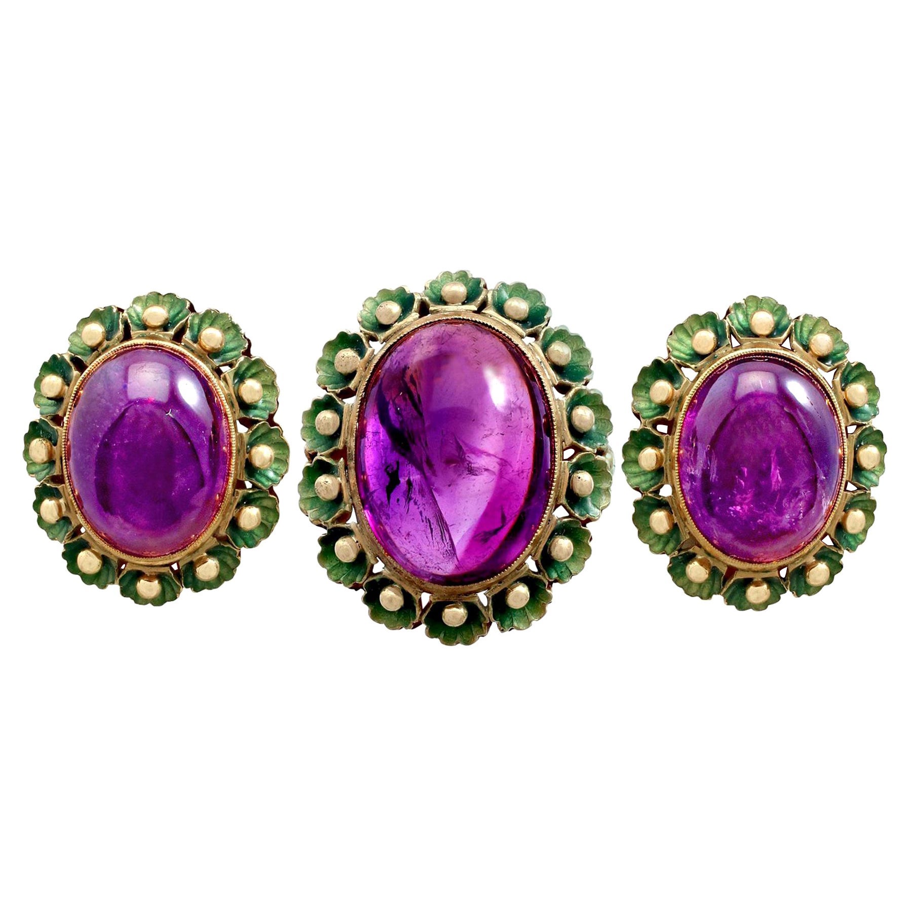 1930s 39.82 Carat Cabochon Cut Amethyst Green Enamel Gold Jewelry Set