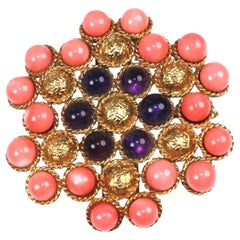 Retro Coral Amethyst Gold Textured Clip, attributed Van Cleef