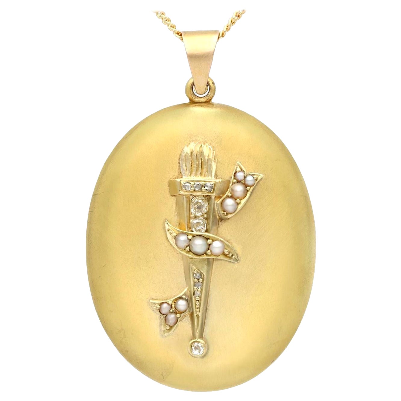 Antiker viktorianischer Medaillon-Anhänger aus Gelbgold mit Diamanten und Perlen