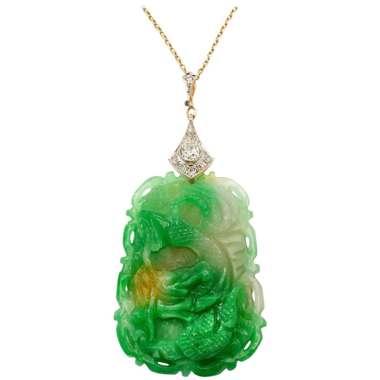 Carved Jade Diamond Gold Pendant