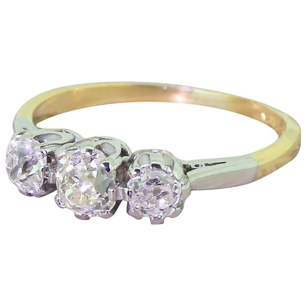 Victorian 1.30 Carat Old Cut Diamond Gold Platinum Trilogy Ring