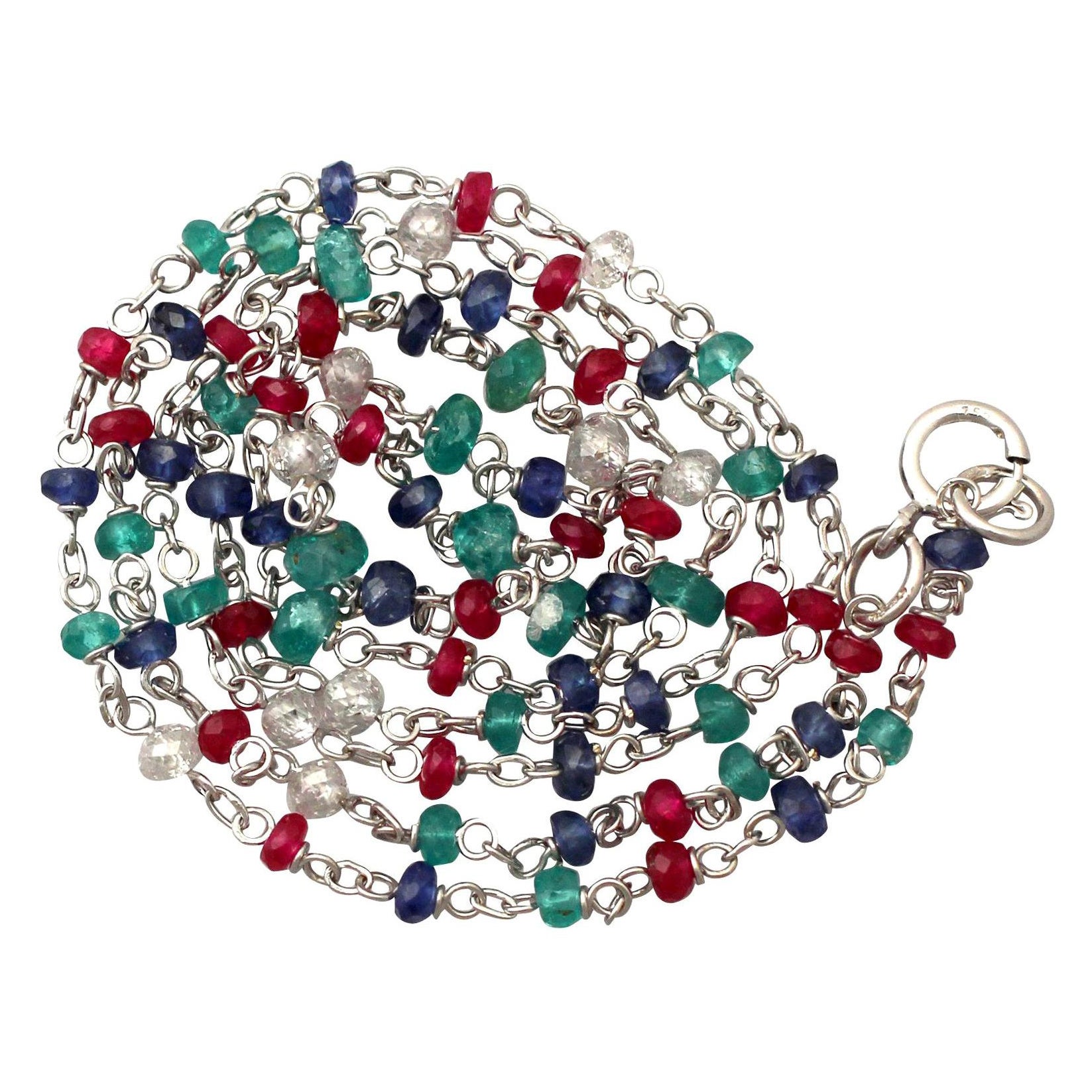 Multi Gem Diamond Sapphire Ruby Emerald and White Gold Necklace