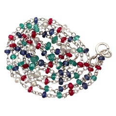 Multi Gem Diamond Sapphire Ruby Emerald and White Gold Necklace