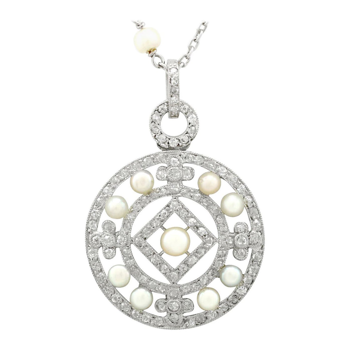 Antique 1920s Seed Pearl and 1.11 Carat Diamond and Platinum Pendant For Sale