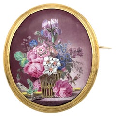 18K Gold 1860 Flower Still Life Miniature Painting Music Flute Porcelain Brooch